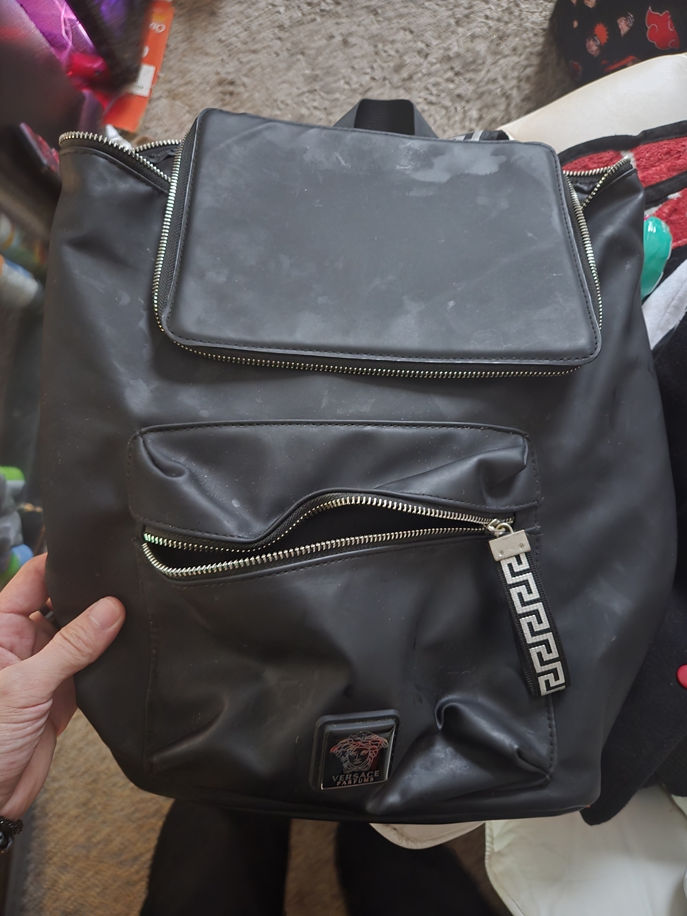 Versace Monochrome Men's Backpack with Front Zip and Logo Patch